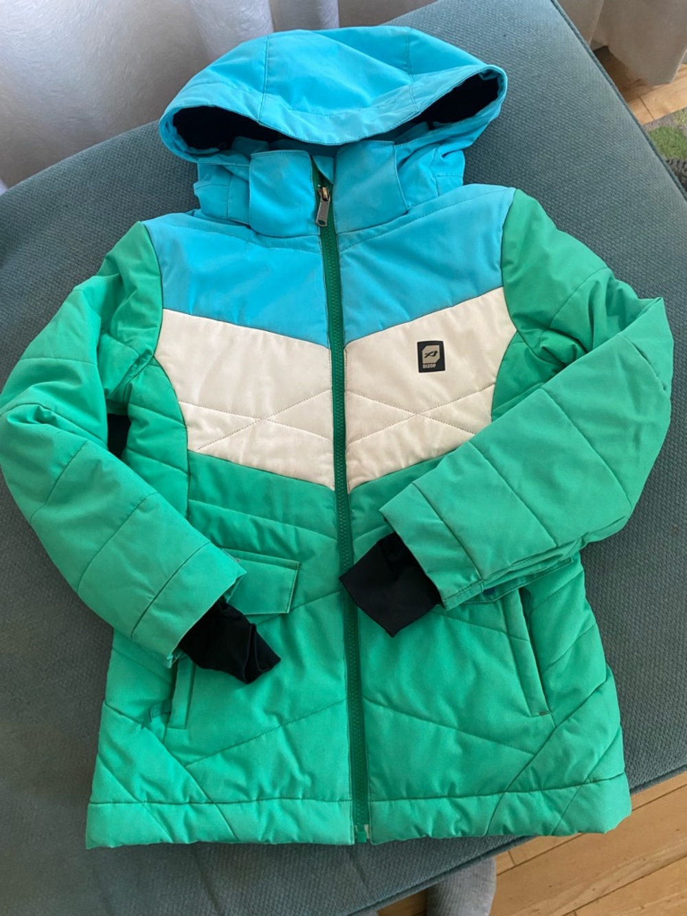 Orage Teal, Aqua & White Colorblock Kids Hooded Puffer Jacket